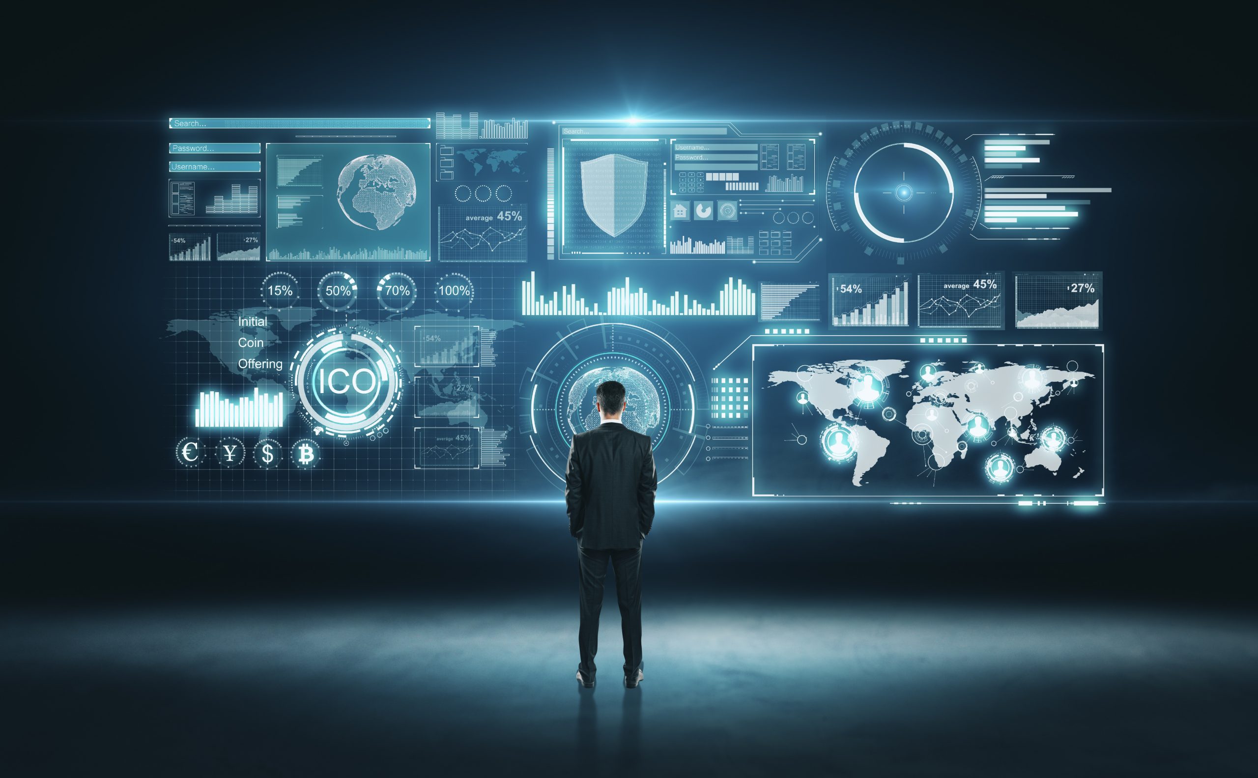 Back view of young businessman looking at glowing digital business interface. Innovation and analytics concept. 3D Rendering