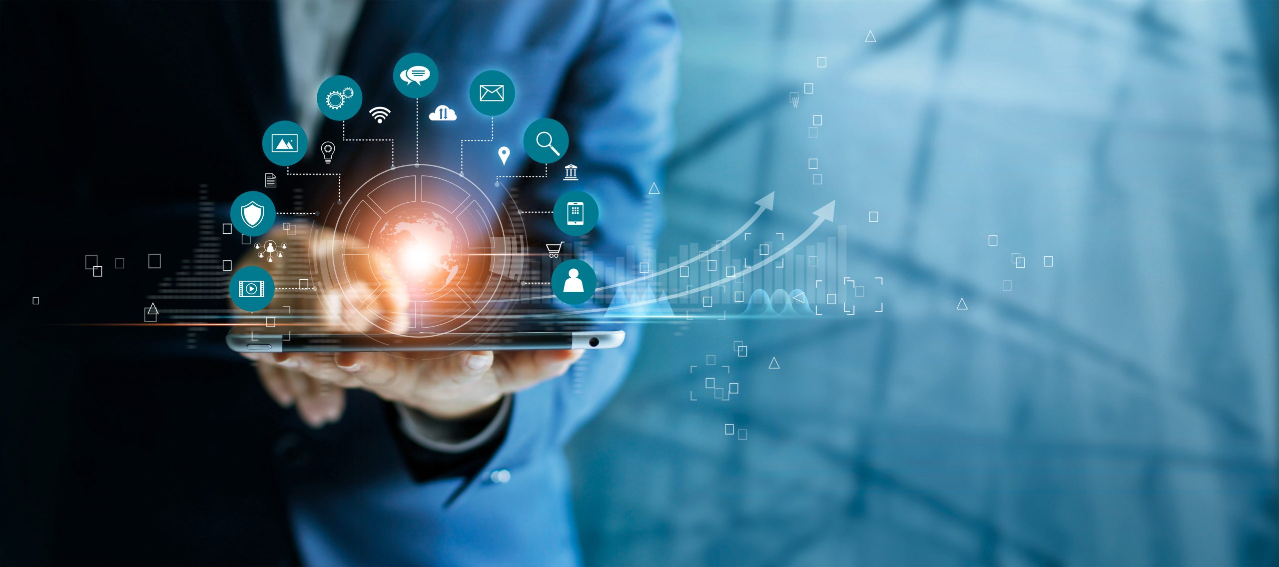 Businessman using tablet analyzing sales data and economic growth graph chart, Technology and icon customer global network connection. Business strategy. Innovative. Digital marketing.